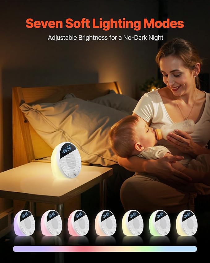 VEVOR Sound Machine, 18 Soothing Sleep Sounds and 7-Color Night Light, 5-in-1 White Noise Sound Machine with Dual Alarms, Auto-Off Timer and Memory Function, for Baby, Adults, Home, Office & Travel - Bloomnest