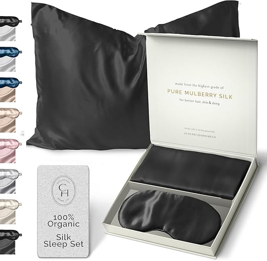 Colorado Home Co Silk Pillowcase for Hair and Skin - Black Queen Size 100% Silk Pillow Covers - 20x30 - Pillow Case for Acne with Eye Mask for Sleeping - Bloomnest