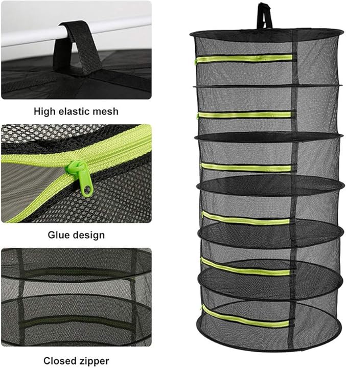 6-Layer Herb Drying Rack, 2ft Plant Hanging Mesh Dry Net with Green Zippers and Bonus Hook - Bloomnest
