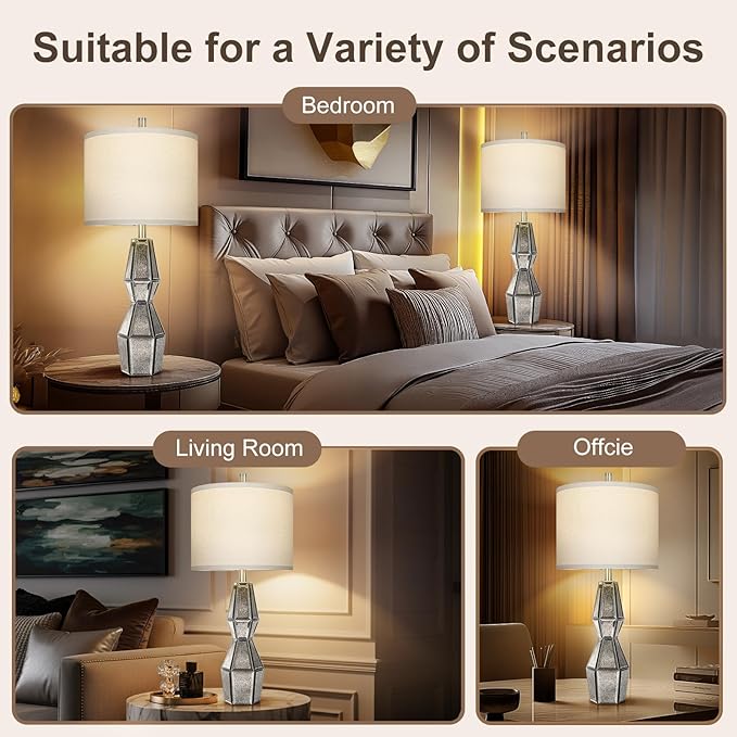 28" Vintage Table Lamps for Bedroom,Antique Bedside Lamp for Living Room with USB A+C Ports,Glass Table Lamps with Linen Shade,3-Way Dimmable Bulb,Nightstand Lamp for Home Hotel Decor(Bulb Included) - Bloomnest
