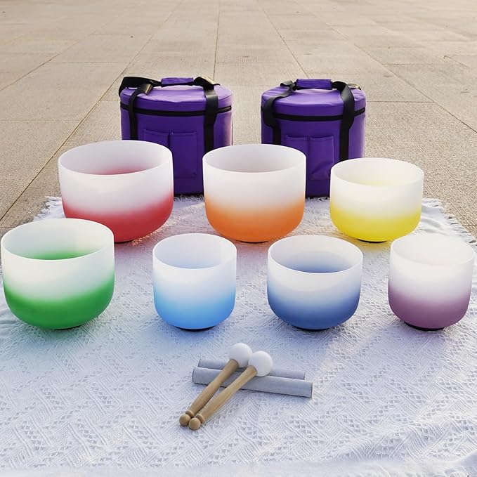 KVKA 432Hz 6-12" Set of 7 pcs Aria Colored Quartz Crystal Singing Bowl Sound Healing Tuned Bell with Carrying Case