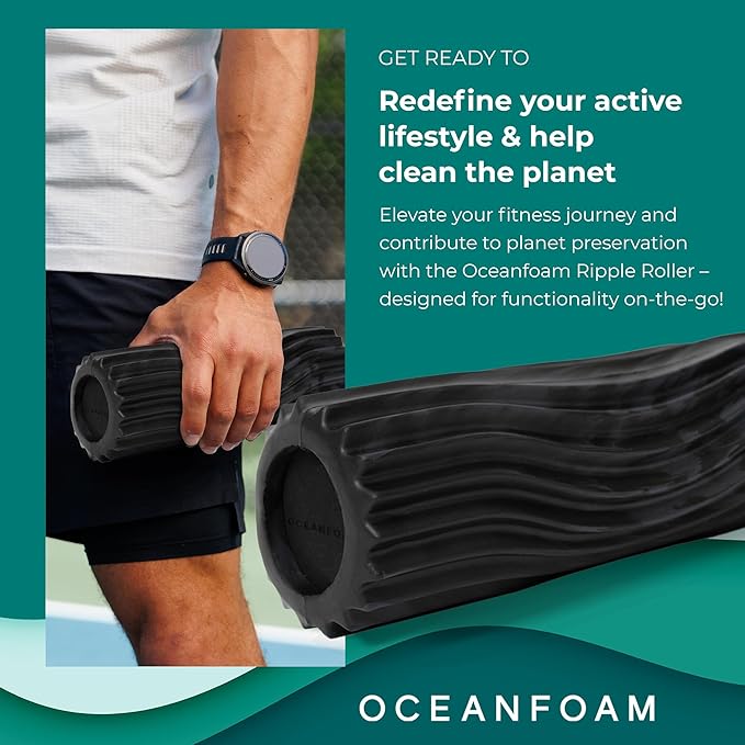 Oceanfoam Ripple Travel Foam Roller (11" x 3.35") Firm Mini Foam Roller for Physical Therapy, Deep Tissue Massage, Back Pain - High Density, Wave Textured - Yoga, Exercise (Black & Charcoal Marbled) - Bloomnest