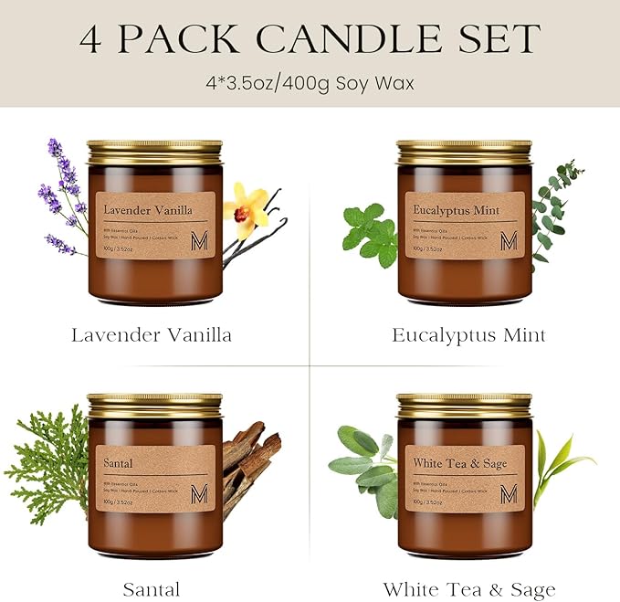 4 Pack Candles for Home Scented Aromatherapy Candle Gift Set for Women Soy Wax Long Lasting Amber Jar Candles Gift for Birthday Housewarming Mother's Valentine Day - Bloomnest