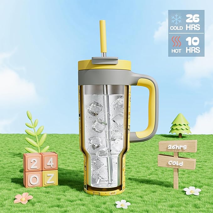 24 oz Stainless Steel Cup with Handle for Preschooler: BPA-Free, Lid with Straw, Easy to Clean, Car Cupholder Friendly, Insulated Tumbler for Playtime, Sports, Summer Camp, Vacation, Gift (Dig It Up) - Bloomnest