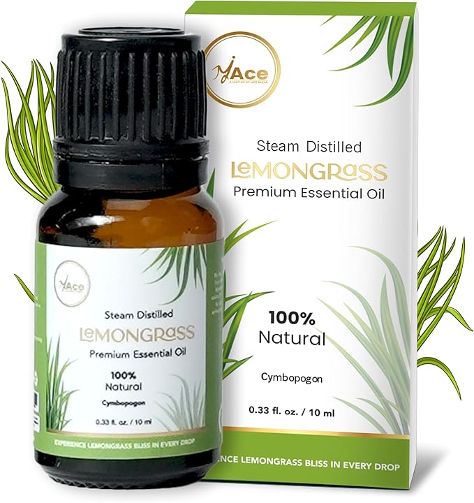Lemongrass Essential Oil 0.33 fl oz – 100% Pure & Natural Cymbopogon Flexuosus – Undiluted Steam Distilled Oil for Diffuser, Aromatherapy, Skin, Hair, Massage & DIY Candle Making MyAce