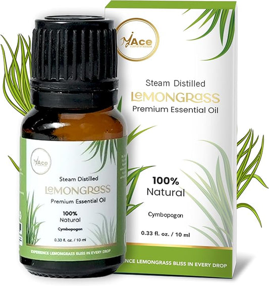 Lemongrass Essential Oil 0.33 fl oz – 100% Pure & Natural Cymbopogon Flexuosus – Undiluted Steam Distilled Oil for Diffuser, Aromatherapy, Skin, Hair, Massage & DIY Candle Making MyAce