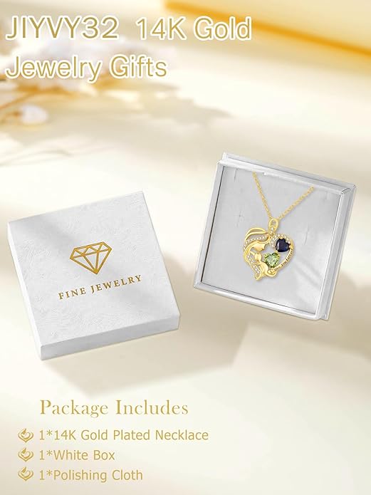 14K Gold Double Birthstone Heart Necklace for Women Mom, Mother Son/Daughter Pendant Necklace for Christmas Mother's Day Birthday Gifts for Wife Daughter Grandmom - Bloomnest
