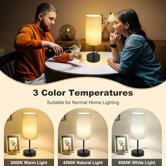 Unicozin Table Lamp, 3 CCT 3000K/4500K/6500K & RGB Color Changing, Stepless Dimmable Small Bedside Lamp for Reading, Ambience Nightstand Light for Home Decor Party, Beige Shade - Bloomnest