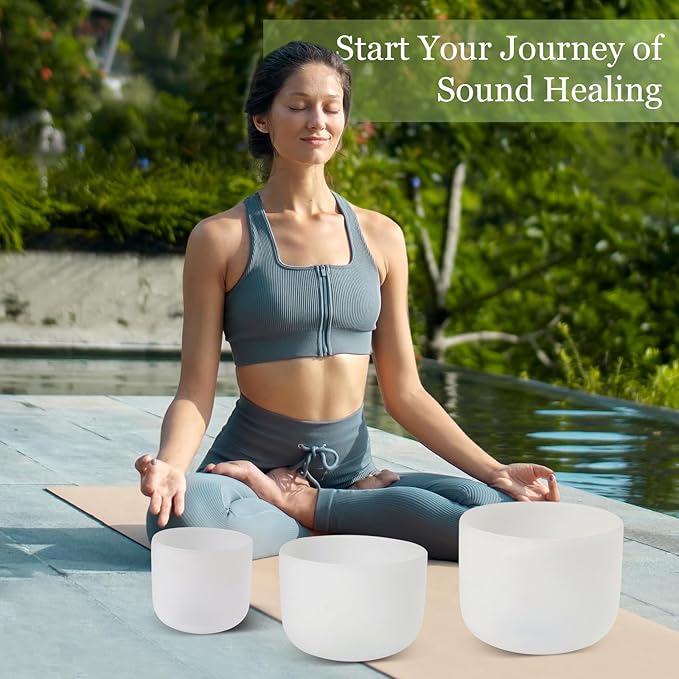 432HZ 7-11 Inch 3 Pcs White Frosted Crystal Singing Bowl Set for Meditation Healing Yoga Chakra Quartz Crystal Sound Bowls with Heavy Duty Carry Cases and Rubber Mallet,Suede Striker,O-rings - Bloomnest
