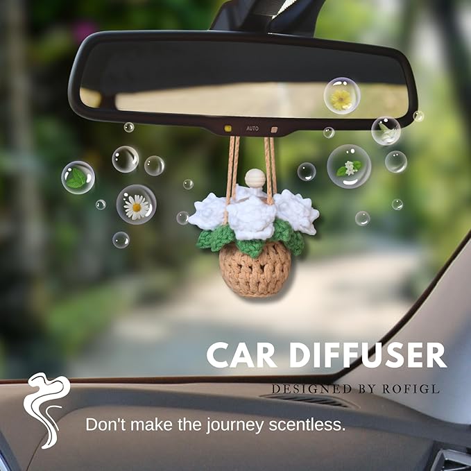 Handmade Crochet Hanging Car Air Freshener - Pure Elegant White Rose Design, 12ml Refillable Thick Glass Bottle, Car Diffuser for Rearview Mirror, Home & Office Minimalist Decor - Bloomnest