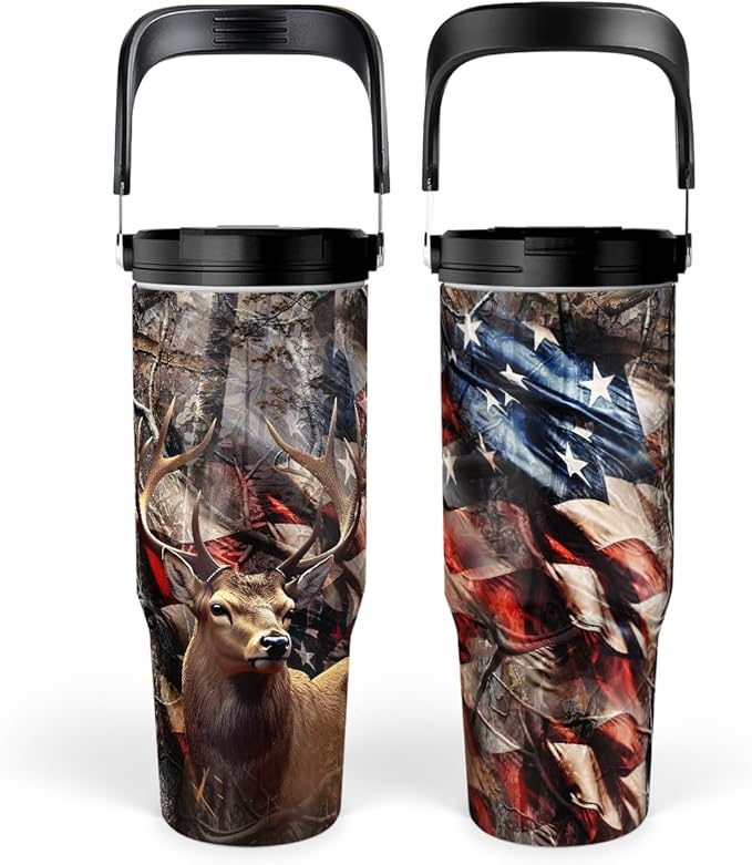 SANDJEST Hunting Gift for Men, Deer Hunting Tumbler with Handle, 30oz Flip Straw Stainless Steel Insulated Coffee Travel Cup, Gifts for Hunter Dad Grandpa for Birthday Christmas Fathers Day - Bloomnest