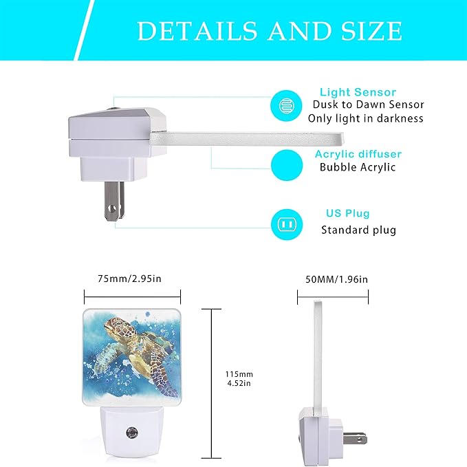 Turtle Night Light,Watercolor Sea Turtle Night Lights 0.5W Sleep Friendly for Boys Girls Led Night Light Dusk to Dawn Sensor Nightlight for Stairway/Hallway/Kitchen - Bloomnest