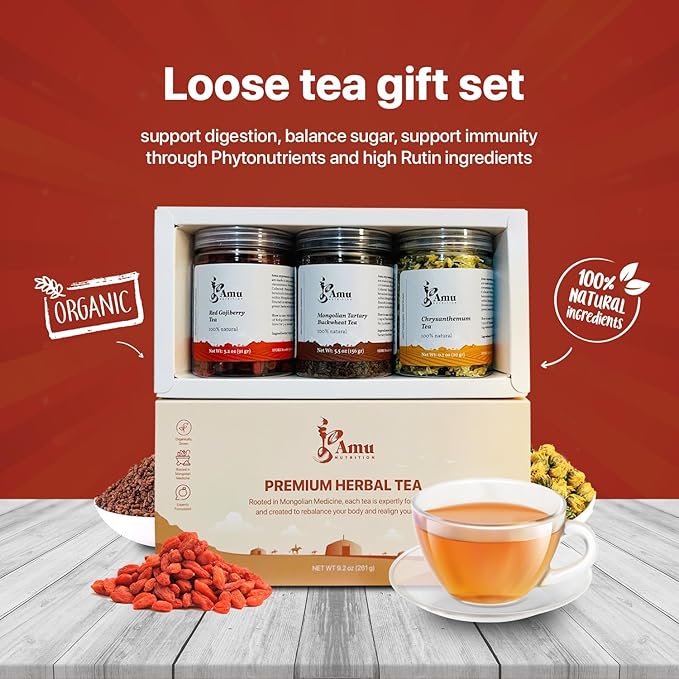 [ Amu Nutrition Tea ] Goji berry Tartary Buckwheat Chamomile (Chrysanthemum) Tea - A Collection of Three Authentic Mongolian Tea Gift sets- Organic Loose Leaf tea - Net Weight 9.2oz 苦荞麦 | 枸杞 | 菊花茶 - Bloomnest