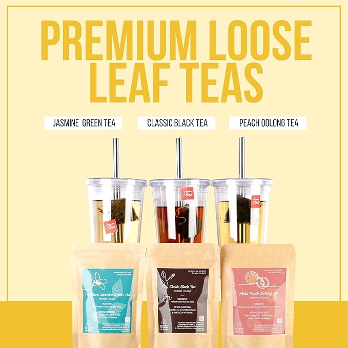YUMBUCHA Instant Boba Making Kit - A Complete Set for Boba Tea Lovers - 30 Drinks, Reusable Cup & Straw, Tapioca Pearls, and Loose Leaf Teabags - White Peach Oolong, Jasmine Green, Classic Black - Bloomnest