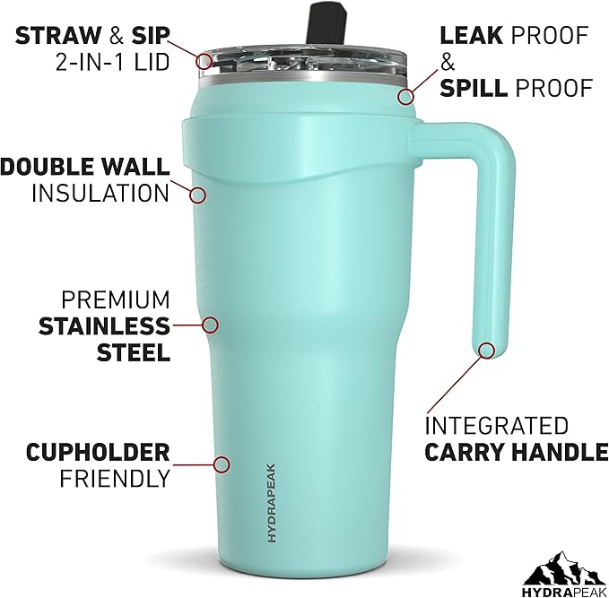 Hydrapeak Roadster 40oz Stainless Steel Tumbler Double Wall Vacuum Insulated Water Bottle With Handle And 2 in 1 Straw Lid (Aqua) - Bloomnest