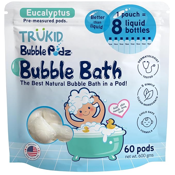 TruKid Bubble Podz Bubble Bath for Kids, Toddlers, & Babies, Tear Free Gentle & Refreshing Bath Bomb for Sensitive Skin with Natural Moisturizers, Non-Toxic, pH Balanced, Eucalyptus Scent (60 Podz) - Bloomnest