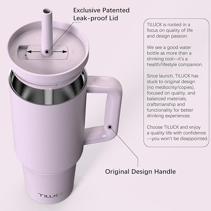 TILUCK 40 oz Tumbler with Handle, Vacuum Insulated Stainless Steel Travel Mug with 100% Leak-Proof Silicone Straw Lid, Cupholder Friendly Water Bottle(LightPurple, 40oz)
