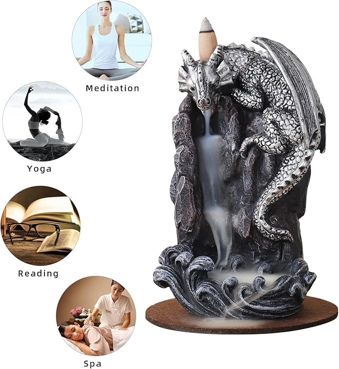 Dragon Backflow Incense Holder Waterfall Incense Burner, with 100 Backflow Incense Cones,1 Mat,1 Tweezers，Aromatherapy Ornamental for Home Office Yoga （Silver Dragon） - Bloomnest
