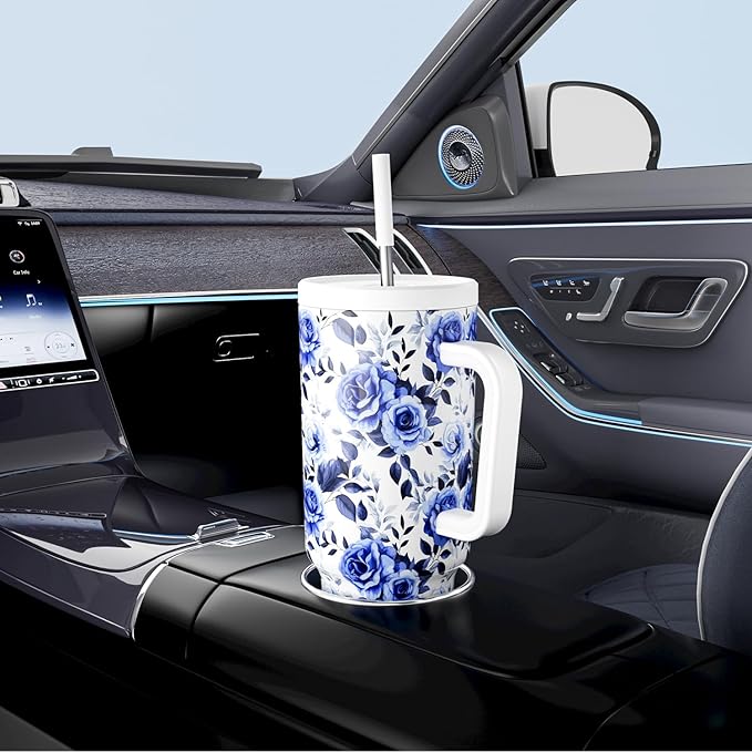 Meoky 40 oz Tumbler with Handle and Straw: Stainless Steel Insulated Tumbler with Lid and Straw - 100% Leak Proof Tumbler for Car Cup Holders - Travelers Commuters Workers, Blue Rose - Bloomnest