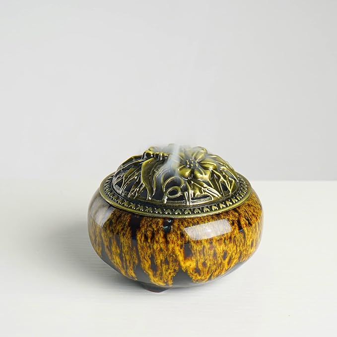 Incense Burner with Calabash Incense Stick Holder - Porcelain Charcoal Censer for Use with Resin Granular Powder Cone or Coil Incense (Kiln-Colored Yellow) - Bloomnest