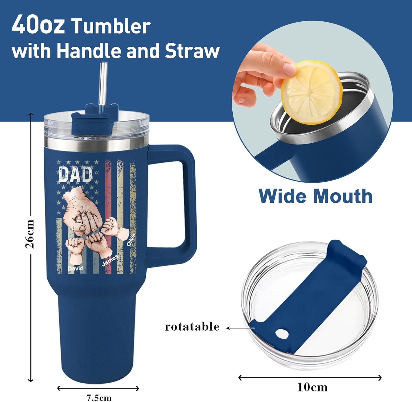 Custom Dad Tumbler with Kids Names, Personalized 40 Oz Tumbler with Handle and Straw, Personalized Birthday Gifts for Dad Husband