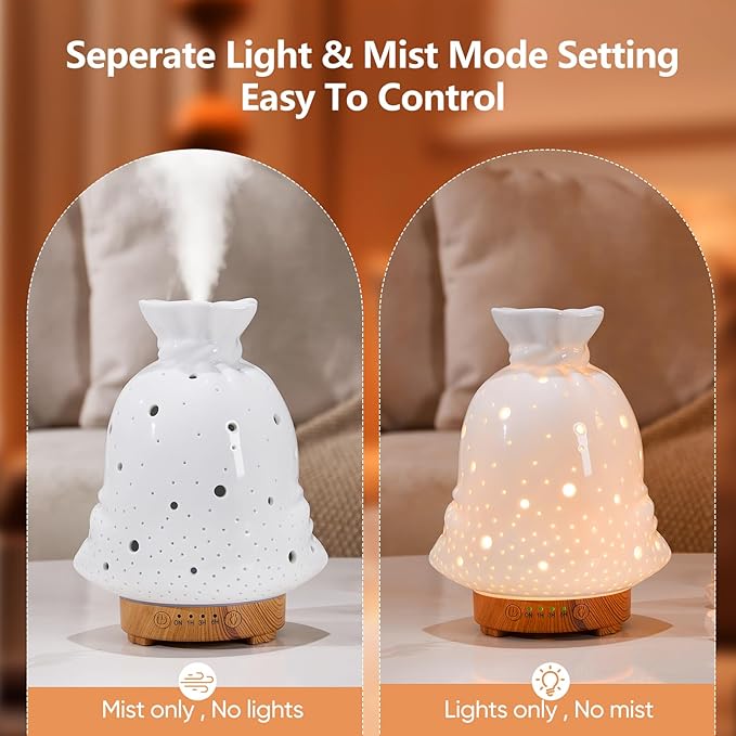 160ML Ceramic Diffuser for Essential Oils Lucky Bag Aromatherapy Diffuser Ultrasonic Cool Mist Humidifier with Intermittent Mist Modes Waterless Auto Off for Room Office - Bloomnest