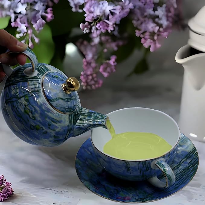 Porcelain 13 OZ Tea for One Teapot and Cup Set Vintage Floral Ceramic Tea Set European Style Tea pot and Saucer Set (Water Lily) - Bloomnest