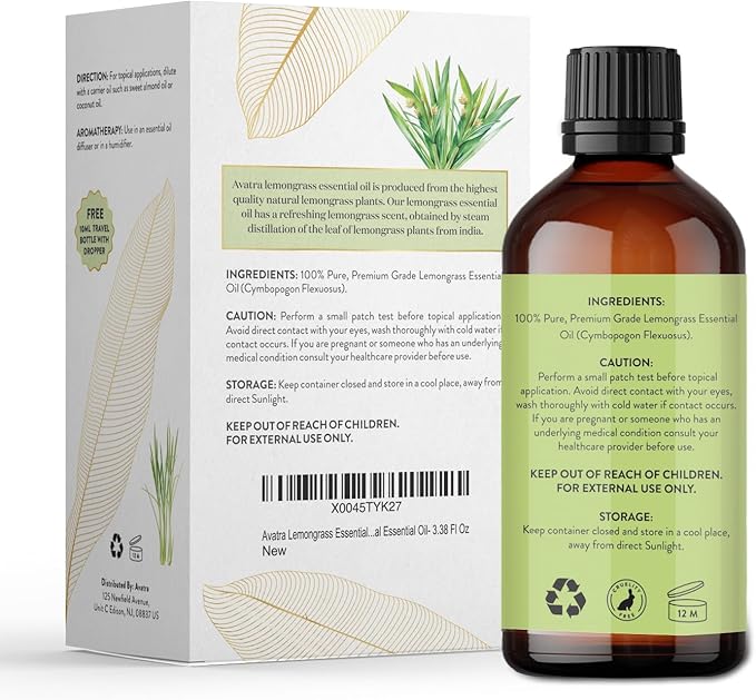 Avatra Lemongrass Essential Oil 100ML (3.38 OZ) with Glass Dropper and Travel Bottle, Pure and Natural Therapeutic Grade Lemongrass Oil for Diffuser, Aromatherapy, Massage, and DIY Candle Products - Bloomnest