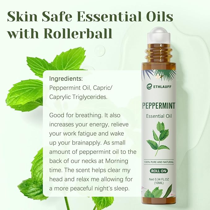 Peppermint Essential Oil Roll On, Natural & Prediluted Oil Blend Roller with Fresh Minty Aroma - Aromatherapy & Headache Relief - Bloomnest