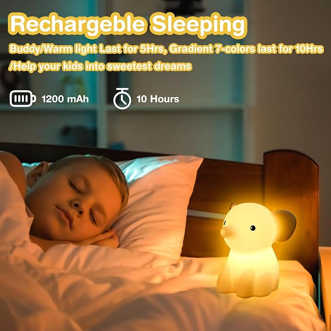 Cute Elephant Night Light for Kids, Adorable Room Decor for Boys Girls Birthday/Christmas Gifts, 5 Color, USB Rechargeable Silicone Night Lamp, Animal Lamp Gift, Safe Nursery Light for Toddlers - Bloomnest
