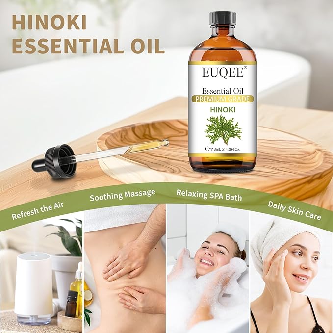 EUQEE Hinoki Essential Oil 118ml/4Fl Oz Pure Japanese Cypress Wood Oil Premium Natural Wood Scent Aromatherapy Oil with Glass Dropper for Meditation, Skincare, Diffuser, DIY Soap, Home Spa EUQEE