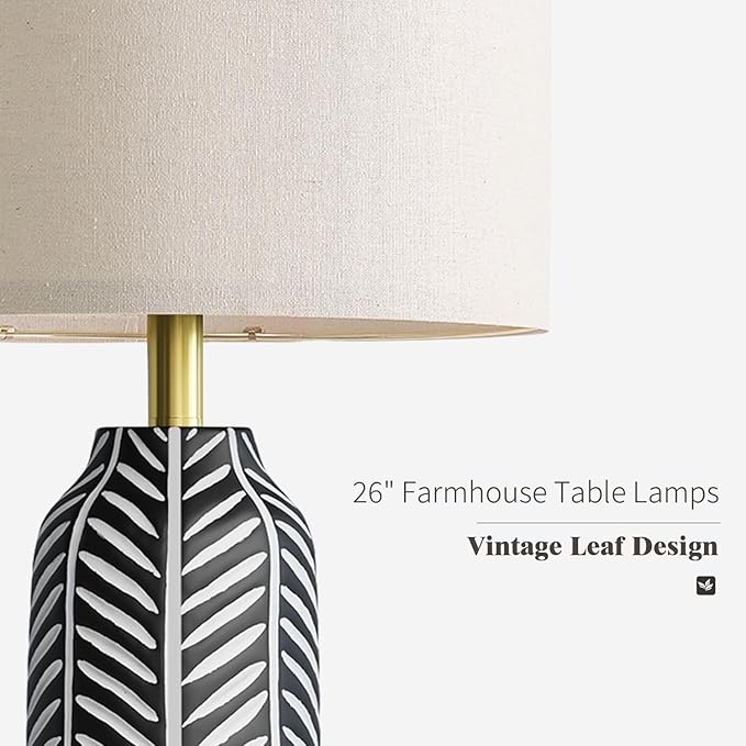 BOBOMOMO 26" Farmhouse Black Table Lamps Set of 2 – Rustic Resin Lamps with Vintage Leaf Pattern and Linen Shades, Black Bedside Lamps for Bedroom, Living Room, Office, Entryway, Console Table - Bloomnest