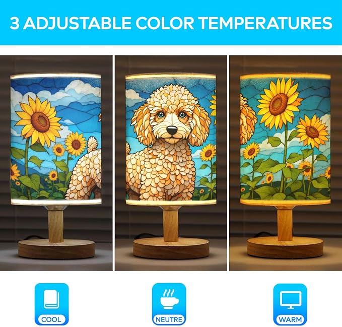 Poodle Table Lamp LED 3-Color Pressed Bedside, Dog Shade Lamp with Wood Base for Bedroom Living Room Desk Office - Bloomnest