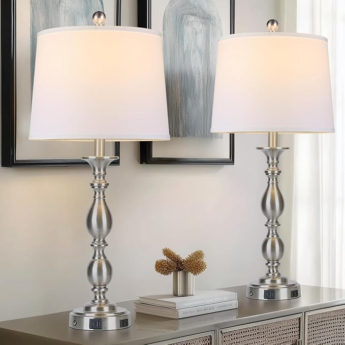 28" Tall Modern Table Lamps Set of 2 with USB A+C Ports and AC Outlet, 3 Way Touch Metal Bedside Lamps for Bedroom, Silver Farmhouse Nightstand Lamps for Living Room - Bloomnest