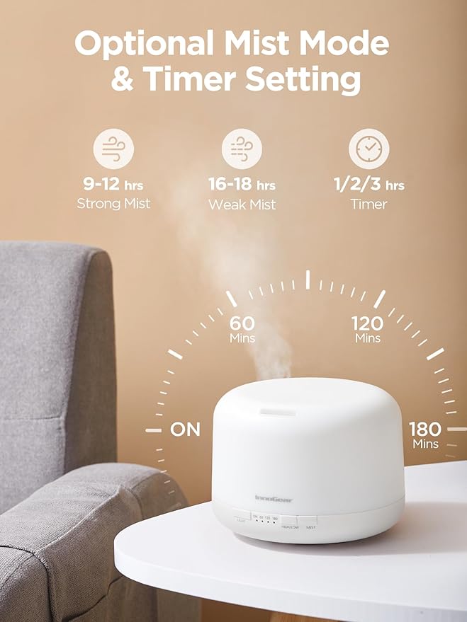 InnoGear 500ml Essential Oil Diffuser with Remote Control, Premium Ultrasonic Aromatherapy Diffusers Scent Humidifier Vaporizer Auto-Off Timer for Large Room Home, Basic White - Bloomnest
