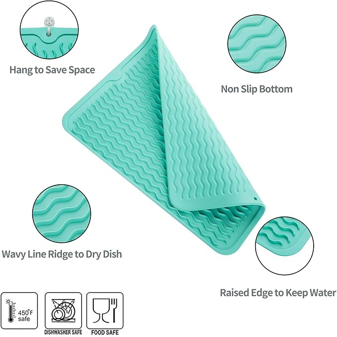 Silicone Dish Drying Mat for Multiple Usage,Easy clean,Eco-friendly,Heat-resistant Silicone Mat for Kitchen Counter or Sink,Refrigerator or drawer liner Mint L 16 inches x 12 inches - Bloomnest