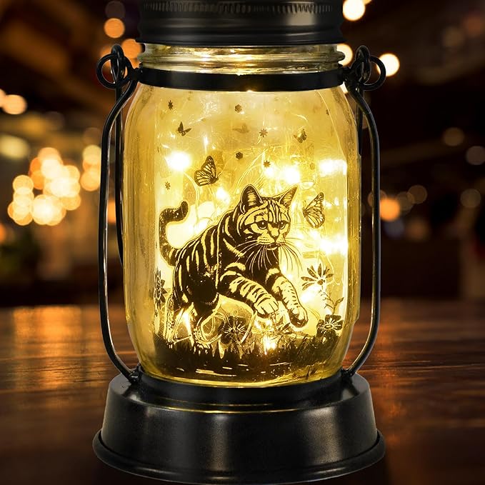 Cat Gifts Cat Solar Lanterns Cat Solar Lights Outdoor Cat Lover Gifts for Women Men Cat Lovers Gifts Hanging Cat Lanterns with Stake for Yard Lawn Garden Decor Waterproof Cat Butterfly Lantern Torches - Bloomnest