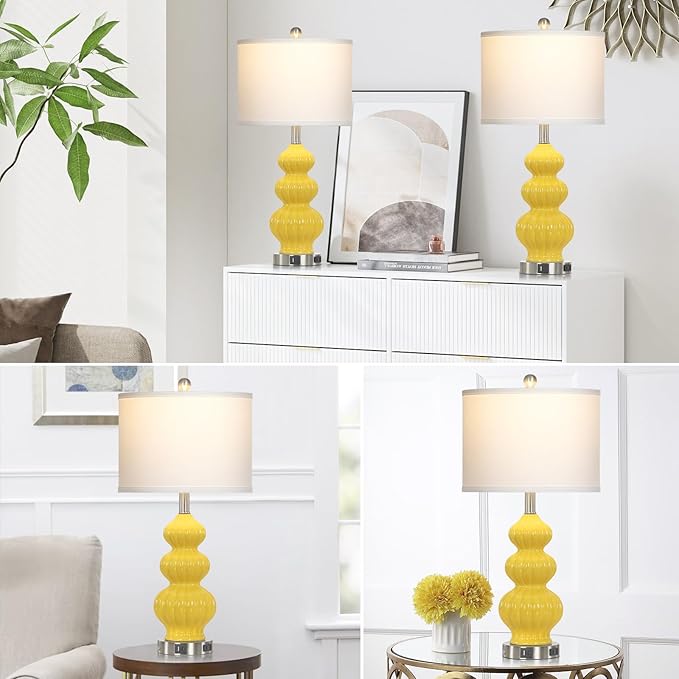 26" Set of 2 Yellow Ceramic Table Lamps with USB A+C Ports & AC Outlet, 3-Way Dimmable Gourd Bedside Nightstand Lamps with White Shade for Bedroom, Living Room, Office - Bloomnest