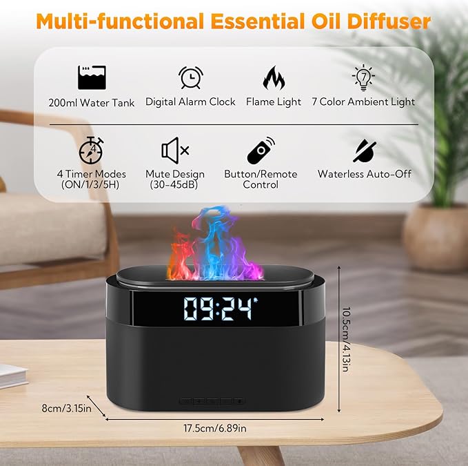 Flame Diffuser for Essential Oils, 200ml Essential Oil Diffuser with Alarm Clock, Upgraded Aromatherapy Diffuser Aroma Humidifier with 7 Color Remote & Auto-Off Protection for Home Yoga Office - Bloomnest