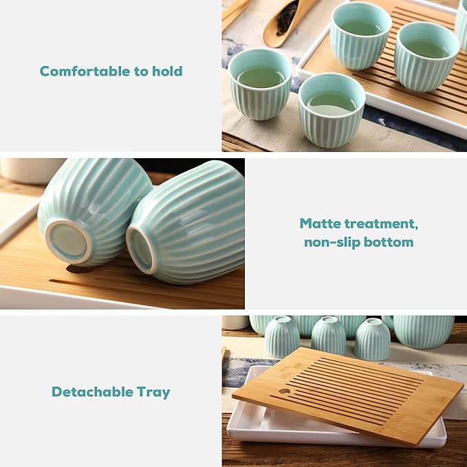 Dujust Japanese Tea Set, Cyan-blue Porcelain Tea Set with 1 Teapot Set, 6 Tea Cups, 1 Tea Tray, 1 Stainless Infuser, Asian Tea Sets for Adults/Tea Lover/Women/Men (Bamboo - Straight Grain Design) - Bloomnest