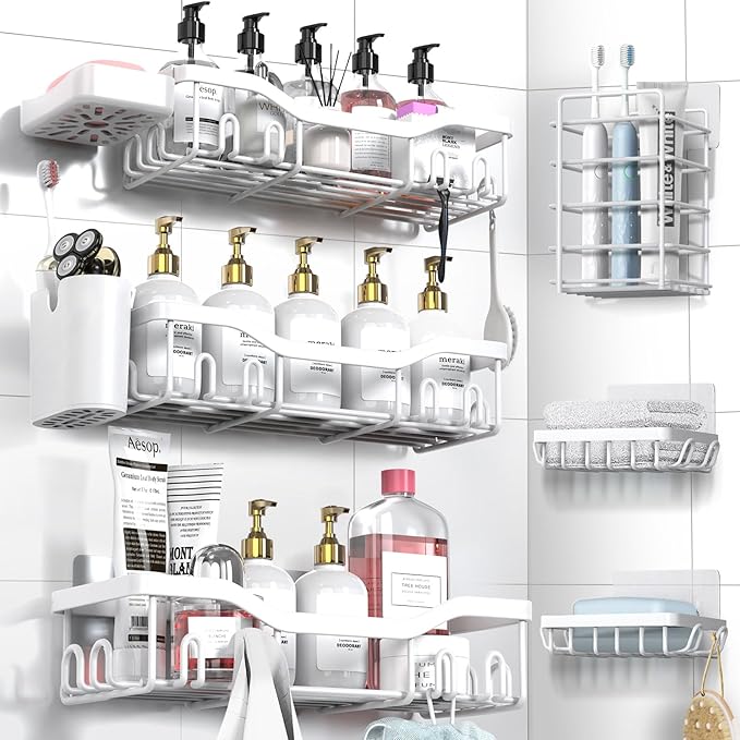 Shower Caddy Adhesive Shower Organizer 8-Pack, Rustproof Stainless Steel Bathroom Shelves, Large Capacity No-Drill Rack Storage Accessories with Soap Dish Toothbrush Holder Hooks - Bloomnest