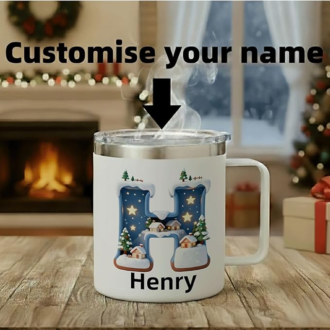 Personalized Christmas Mug with Name, 12oz Insulated Coffee Tumbler with Handle, Custom Magical Winter Village Scene Initial Cup, Holiday Xmas Gift for Women, Her (B09) - Bloomnest
