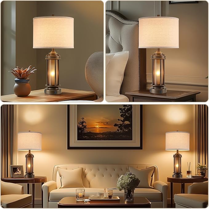 Set of 2 Farmhouse Table Lamps for Living Room, Rustic Vintage Bedside Lamps with 2 USB Ports, Bedroom Nightstand Lamp with Amber Glass Nightlight for End Table Entryway, 4 Bulbs Includes - Bloomnest