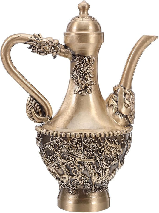 LOGOFUN Vintage Dragon Embossed Brass Tea Pot 300ml Chinese Retro Kettle for Coffee Serving Decor