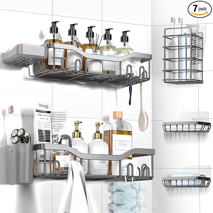 Shower Caddy Adhesive Shower Organizer 7-Pack, Rustproof Stainless Steel Bathroom Shelves, Large Capacity No-Drill Rack Storage Accessories with Soap Dish Toothbrush Holder Hooks - Bloomnest