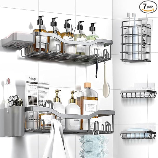 Shower Caddy Adhesive Shower Organizer 7-Pack, Rustproof Stainless Steel Bathroom Shelves, Large Capacity No-Drill Rack Storage Accessories with Soap Dish Toothbrush Holder Hooks - Bloomnest