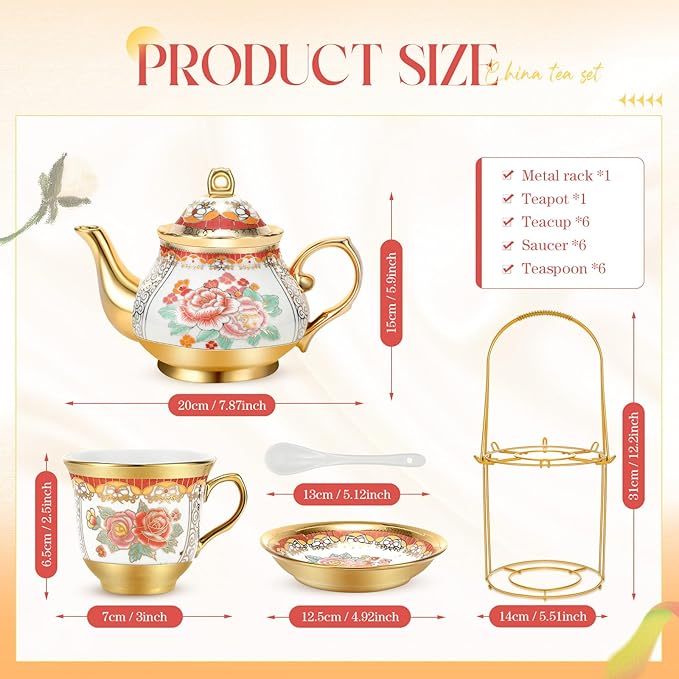 20 Pcs Porcelain Tea Set for Adults with Metal Holder and Spoon European Ceramic Tea Party Set Flower Painting Teapot Cup Saucer for Christmas Women Gifts, Serving 6 People(Classic) - Bloomnest