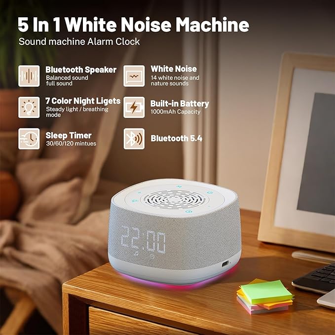 Sound Machine & Clock with Bluetooth 5.4, 14 Soothing White Noise Sounds, Night Light, Sleep Timer, 1000mAh Portable Rechargeable Sound Machine for Adults, Home, Travel, Office (White, Standard Size) - Bloomnest