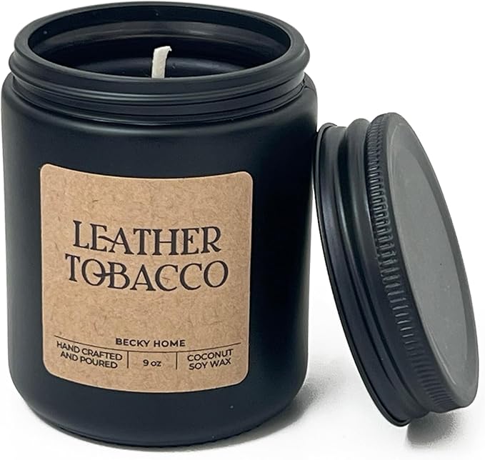 9oz Scented Candle for Men, Leather and Tobacco Scented, Men Scented Candle, Long Lasting Masculine Scents, Natural Coconut Jar Candle for Home, Bachelor Pad Decor, The Perfect Mens Gift - Bloomnest