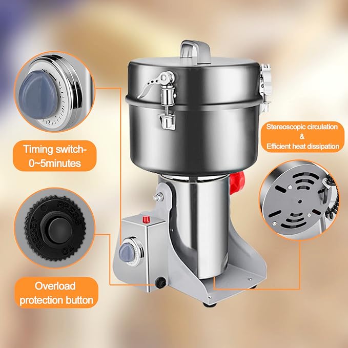Swing Grain Mill 2500g, Electric Grain Mill, Stainless Steel Mill Grinder 4500W, High-speed Spice Herb Grinder, Commercial Superfine Machine, Dry Cereals Pulverizer 110V - Bloomnest